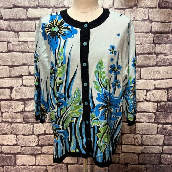 Bob Mackie Sweaters - Bob Mackie Wearable Art Blue, Black & Green Cardigan Size 1X